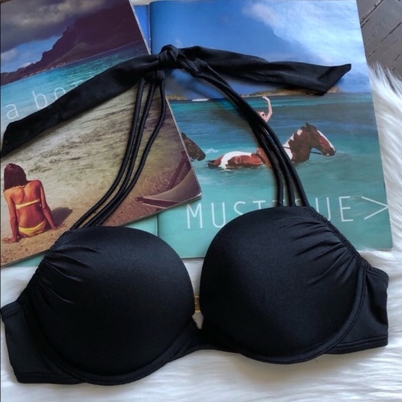 Swim Top Bombshell Halter Adds 2 Cup Black Strappy